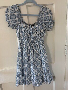 Hesperus Blue & White Puff Sleeve Smocked Mini Dress Size Small